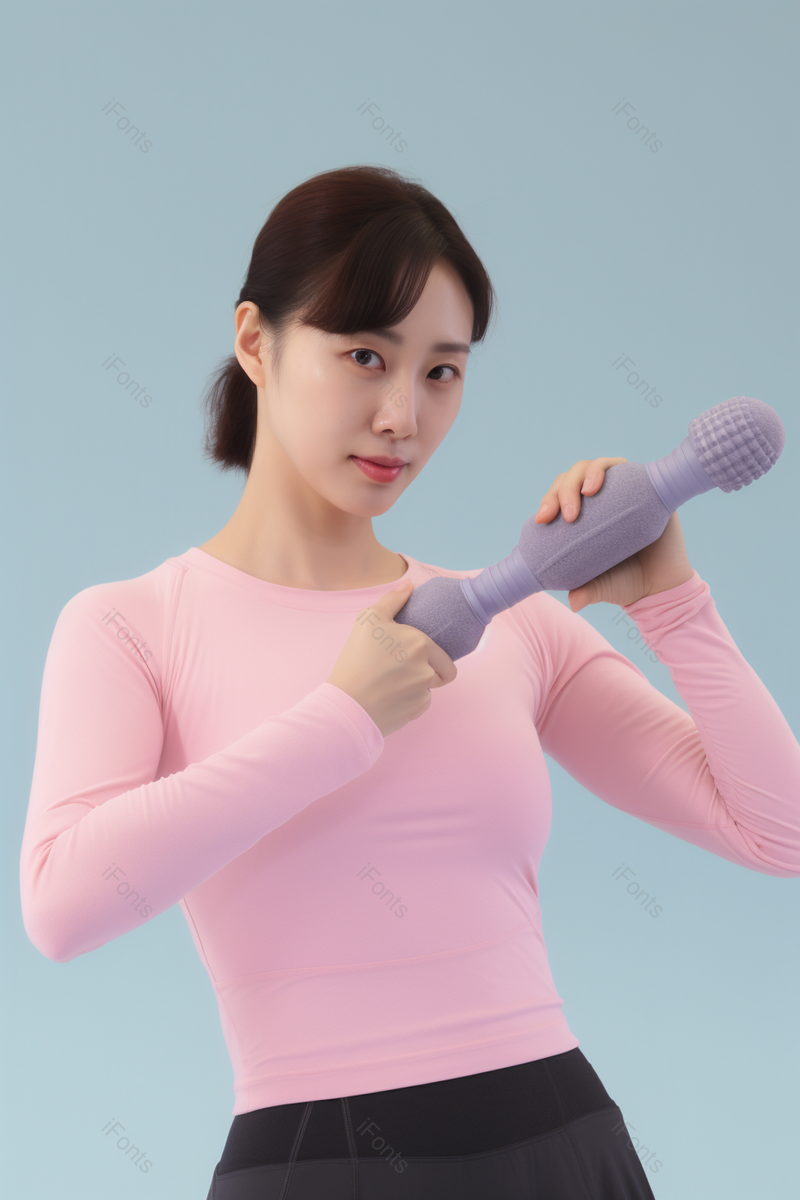 女人穿粉色衣服手拿按摩棒筋膜枪做瑜伽运动训练健身实拍,高清,摄影图,摄影图片,图片大全,摄影图免费下载